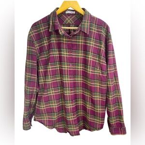 GUANYY Plaid Flannel Button Down Shirt Plum Green Women's 2X Cotton Fall Layer